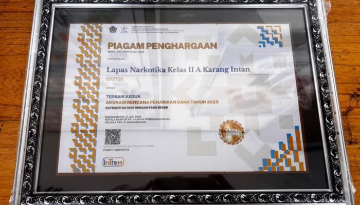 Lapas Narkotika Karang Intan Borong Tiga Penghargaan KPPN Banjarmasin atas Kinerja Pengelolaan Anggaran